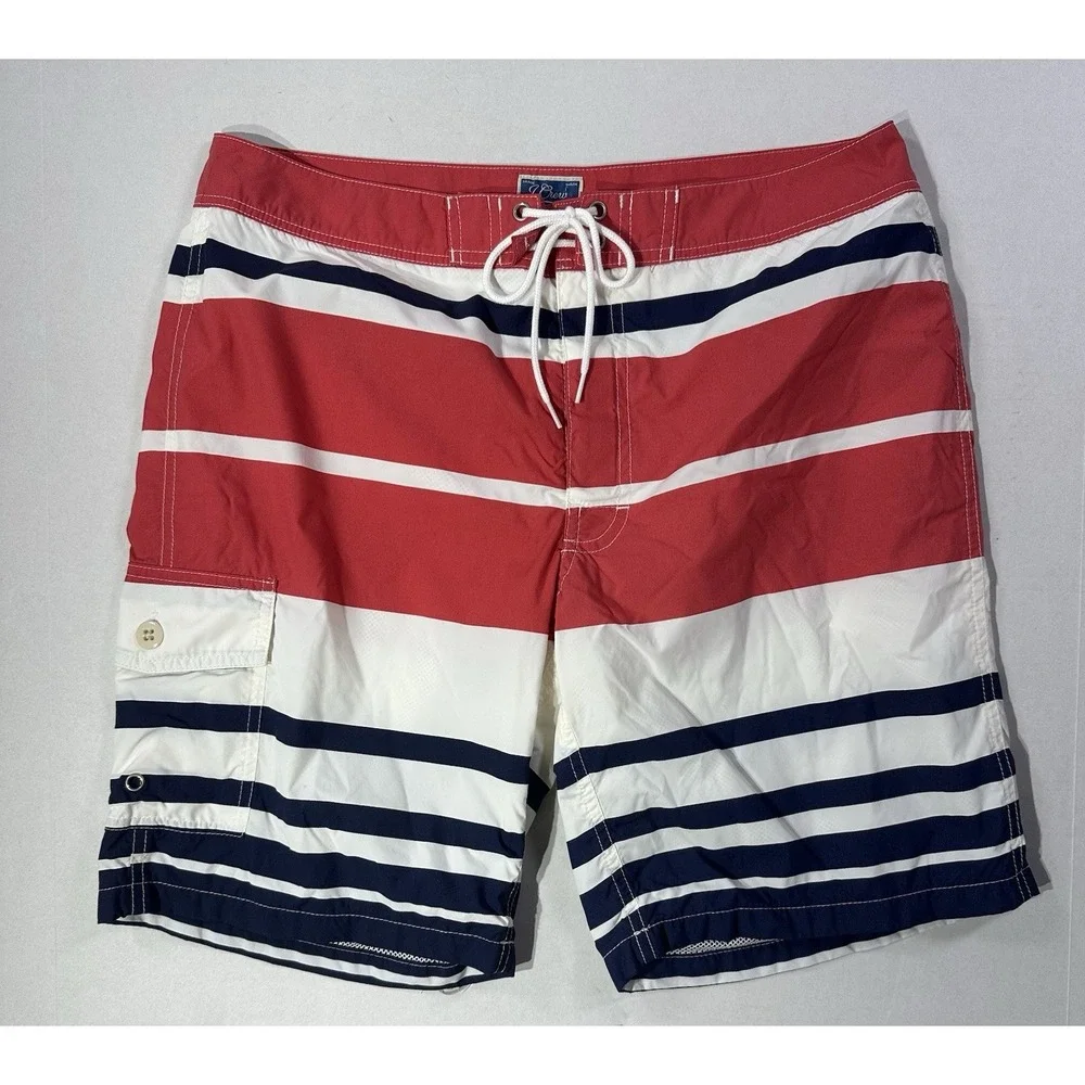 J.Crew Long Board Shorts Mens 31 Red White Navy Striped Swim Trunks‎ 9